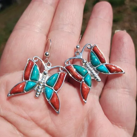 Jay King DTR Butterfly Turquoise coral earrings 925 Sterling Silver  Very cute - Picture 5 of 10